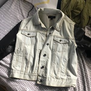 Light wash Jean jacket with leather sleeves